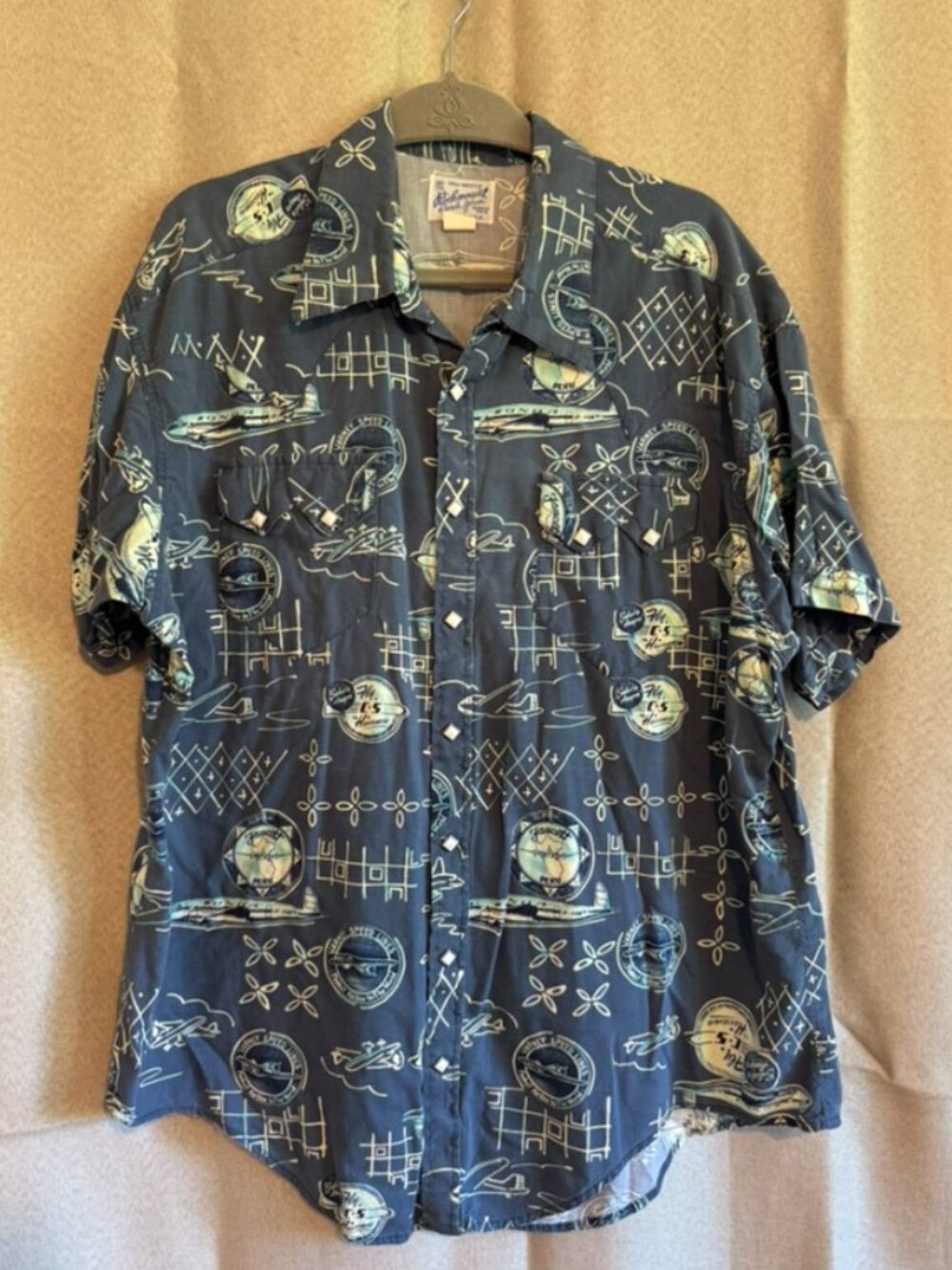Rockmount Ranch Wear Shirt Men's Large Blue Aviation Airplane Pearl Snap
